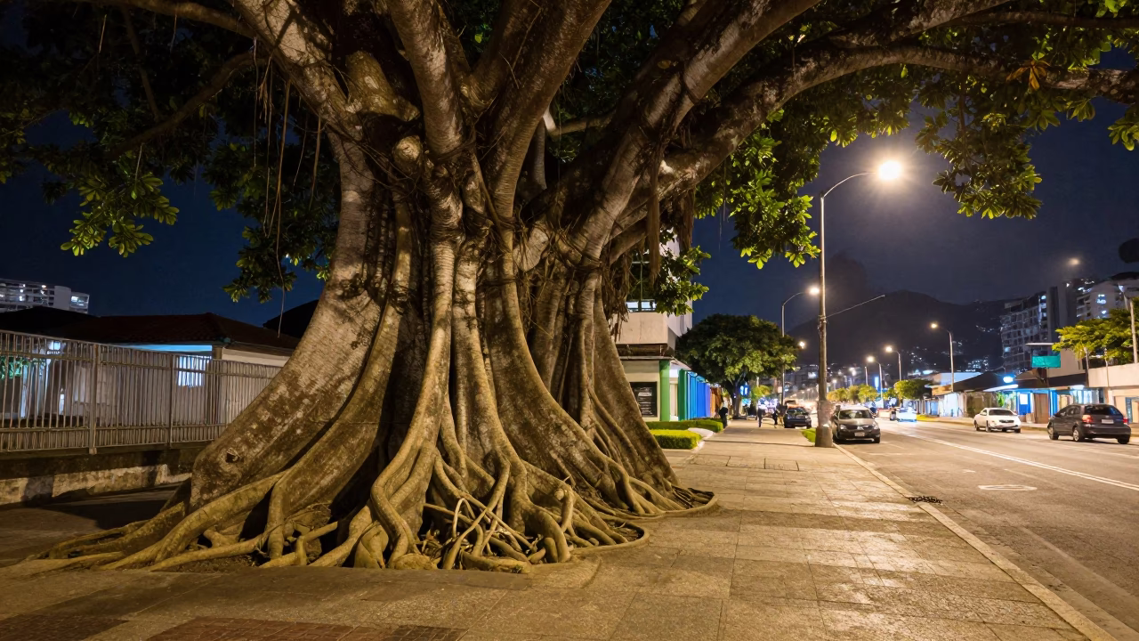 Nighttime Rio Street Scene with Kapok Tree and Lively Crowd in in Rio de Janeiro, Brazil