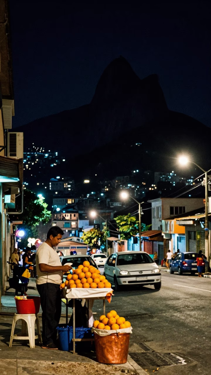 Nighttime Rio Street Scene with Oranges and Copper Pots in Brazilian Market in in Rio de Janeiro, Brazil