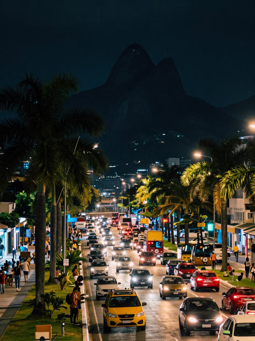 Nighttime Rio Street Scene with Palm Trees and Busy Traffic in Brazil in in Rio de Janeiro, Brazil