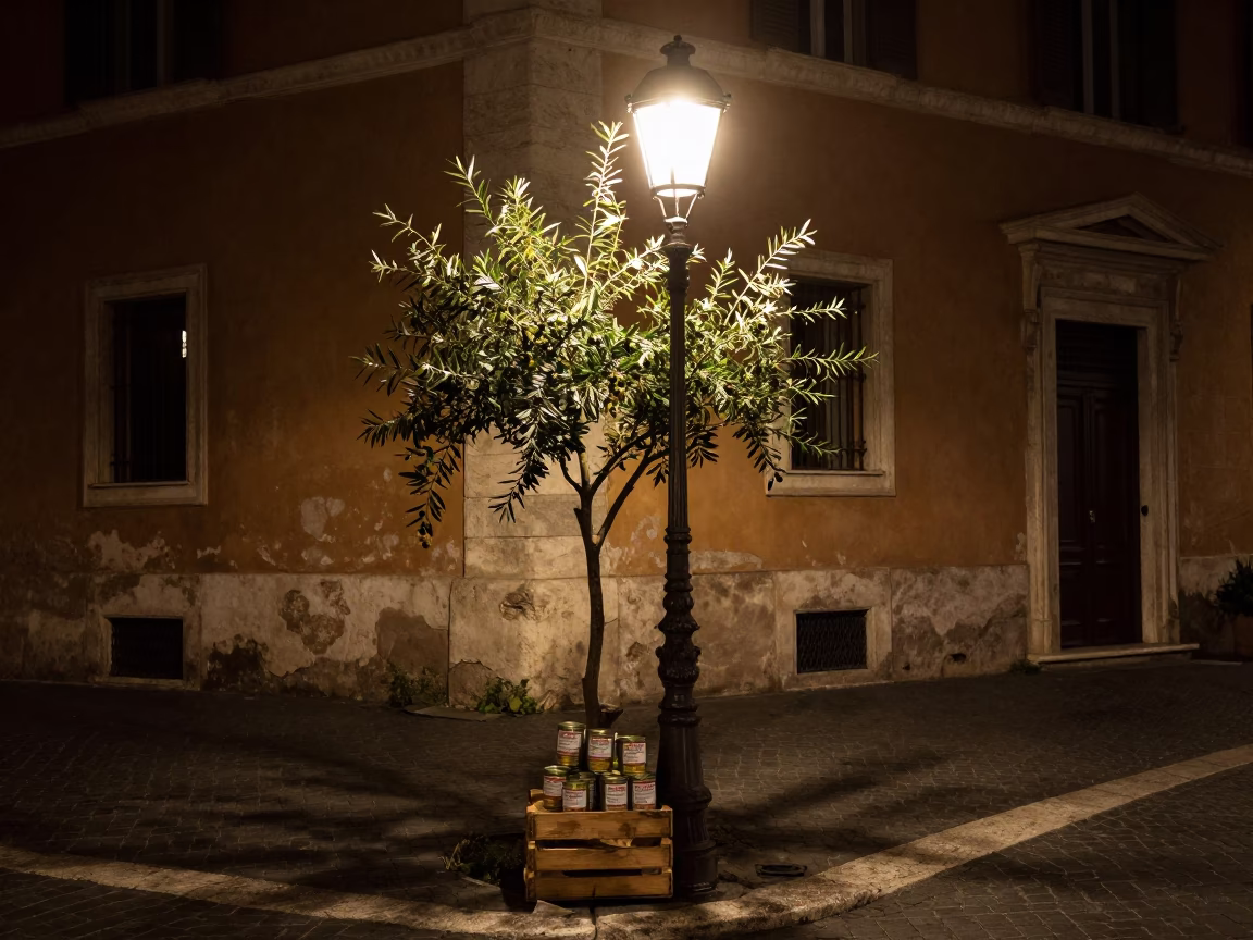 Nighttime Roman Street Corner with Lantern and Olives in Tins in in Rome, Italy