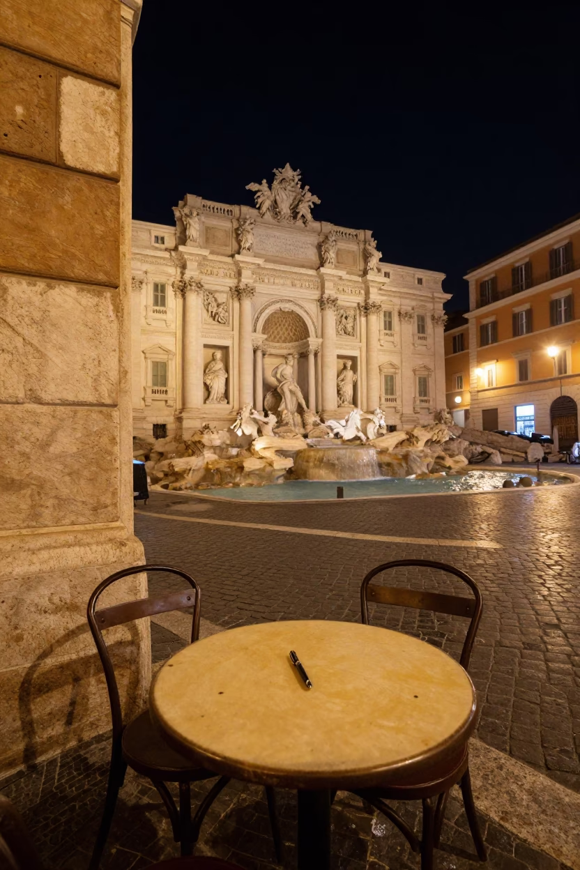 Nighttime Roman Street Scene with Fountain Pen and Bread Basket in in Rome, Italy