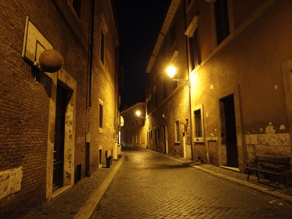 Nighttime Roman Street Scene with Old Leather Basketball and Brick Architecture in in Rome, Italy
