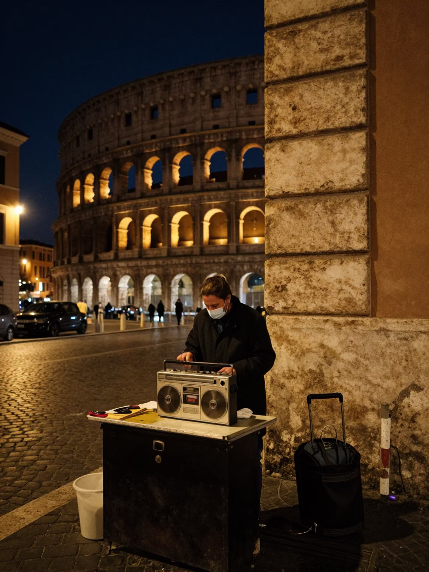 Nighttime Roman Street Scene with Old Tape Recorder and Exercise Books in in Rome, Italy