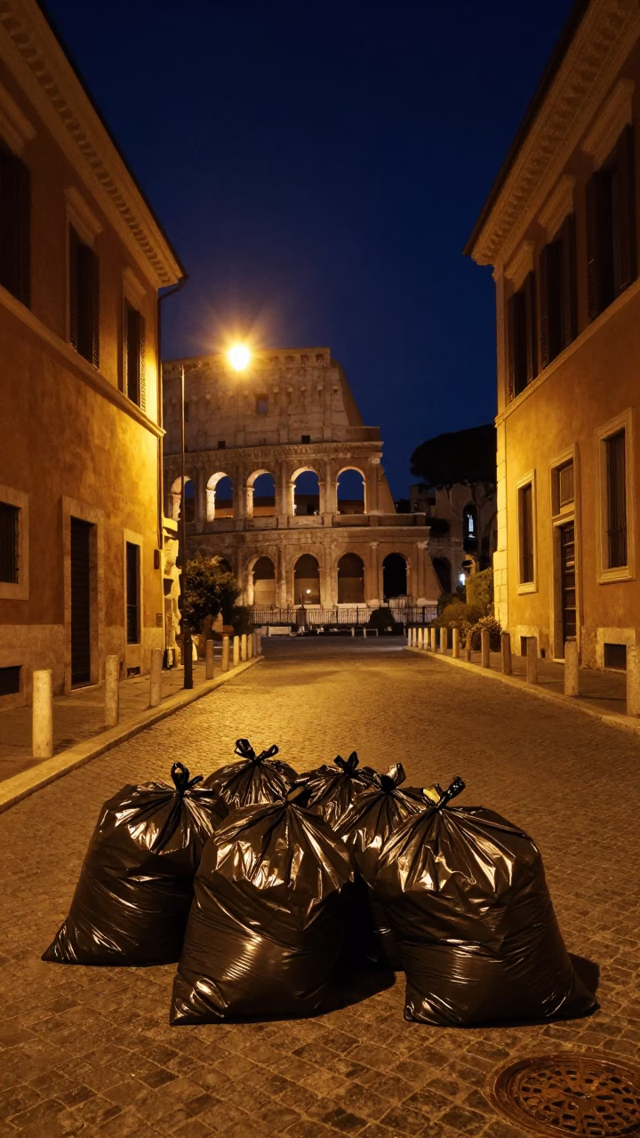 Nighttime Roman Street Scene with Trash Bags and Streetlight Glow in Italy in in Rome, Italy