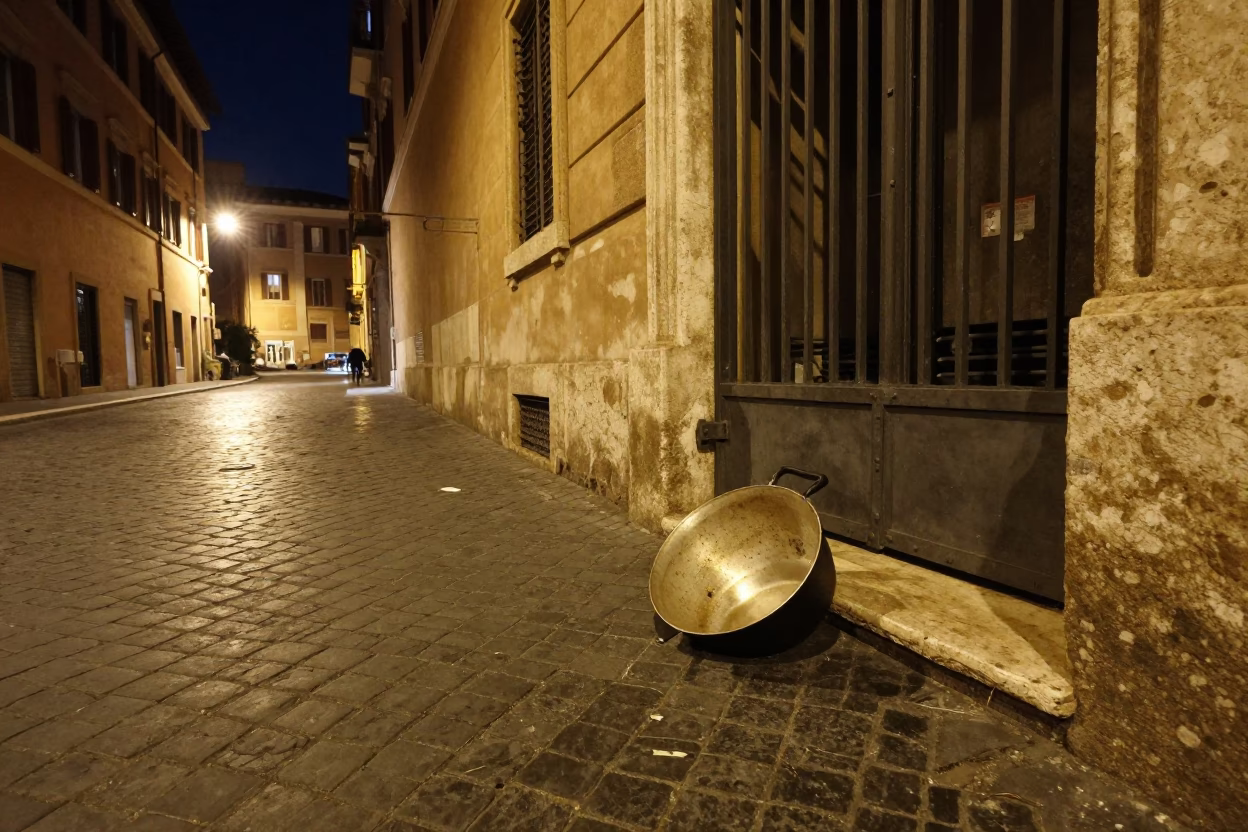 Nighttime Roman Street Scene with Vintage Saucepan and Jar on Cobblestone in in Rome, Italy