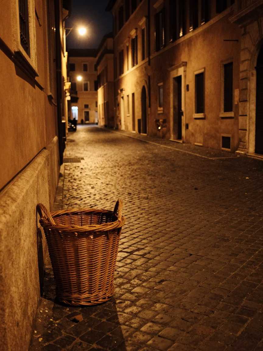Nighttime Roman Street Scene with Wicker Hamper and Safety Razor on Cobblestone in in Rome, Italy