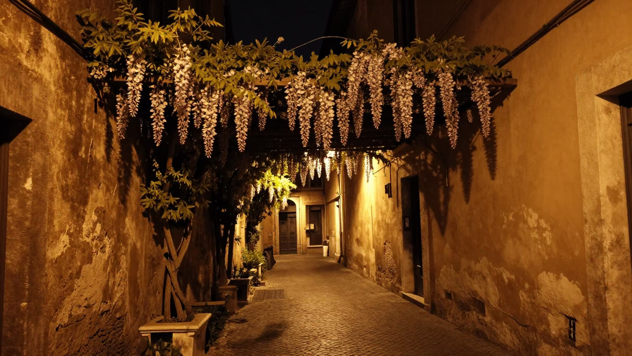 Nighttime Roman Street Scene with Wisteria and Local Life in in Rome, Italy