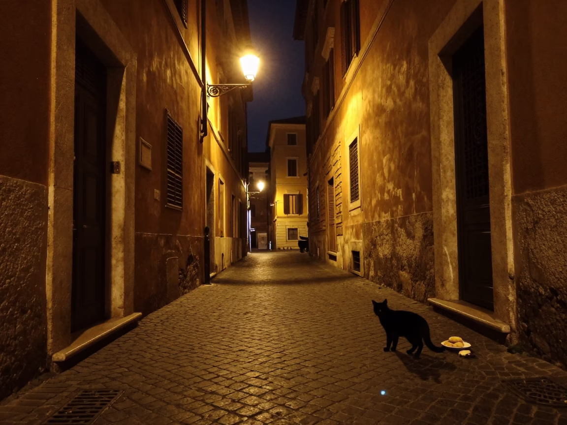 Nighttime Rome Street Scene with Black Cat and Pastry Box in in Rome, Italy