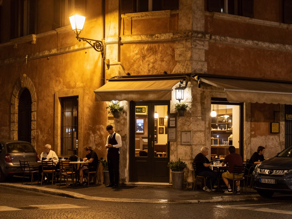 Nighttime Rome Street Scene with Carafe and Cafe Exterior in in Rome, Italy