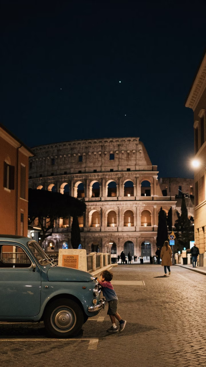 Nighttime Rome Street Scene with Child and Vintage Car Under Starry Sky in in Rome, Italy
