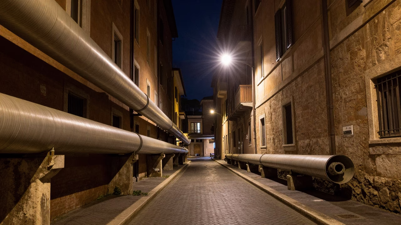 Nighttime Rome Street Scene with District Heating Pipes Between Concrete Apartment Blocks in in Rome, Italy
