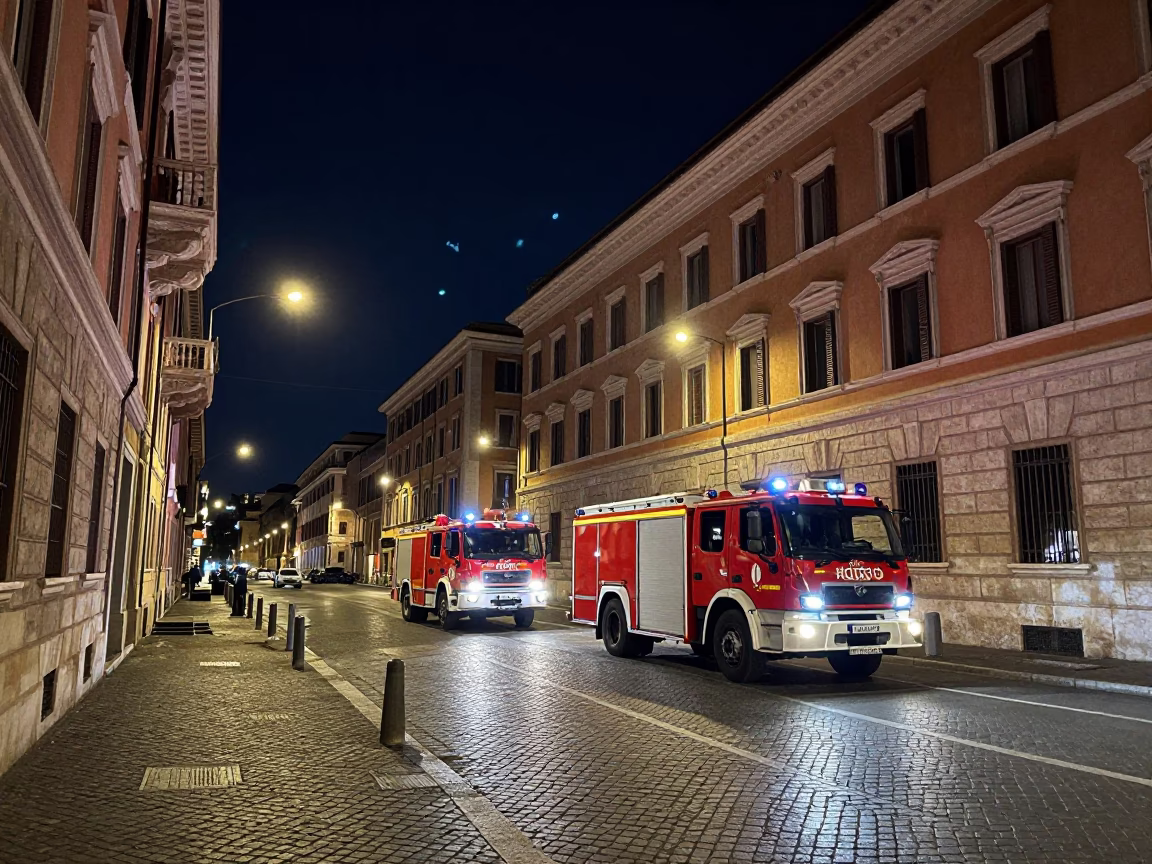 Nighttime Rome Street Scene with Fire Engine and Urban Stone Architecture in in Rome, Italy