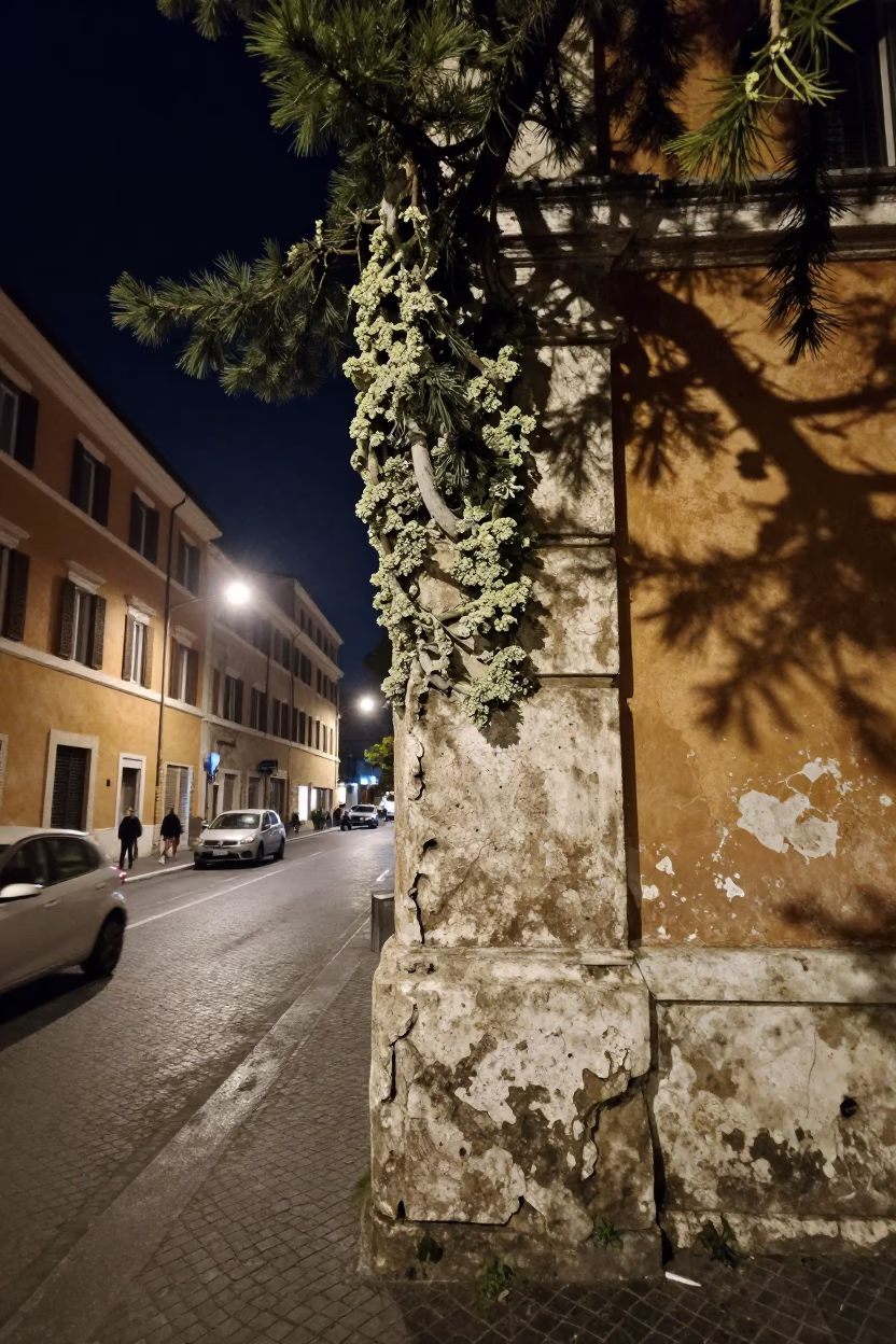 Nighttime Rome Street Scene with Lichen and Urban Details in in Rome, Italy