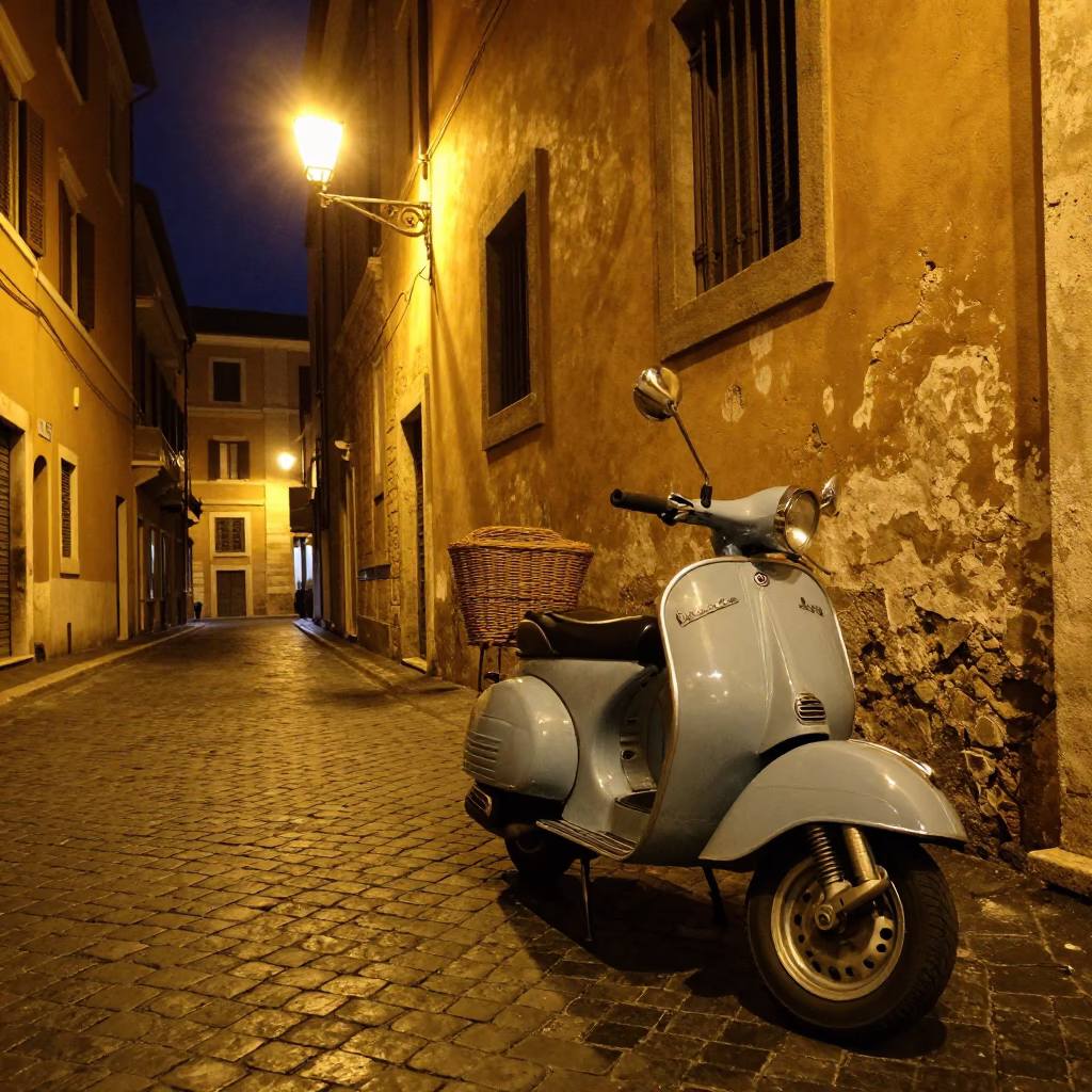Nighttime Rome Street Scene with Vintage Vespa and Wicker Basket in in Rome, Italy