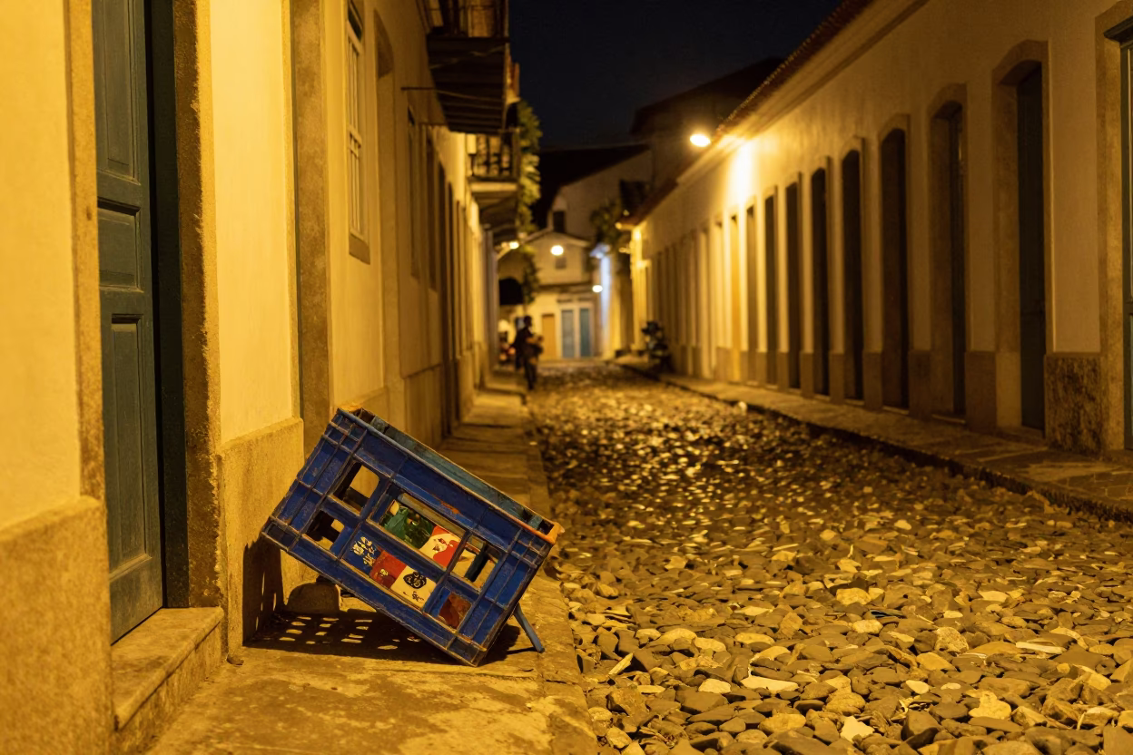 Nighttime Salvador Brazil Street Scene with Colorful Painted Crate and Boot Scraper in in Salvador, Brazil