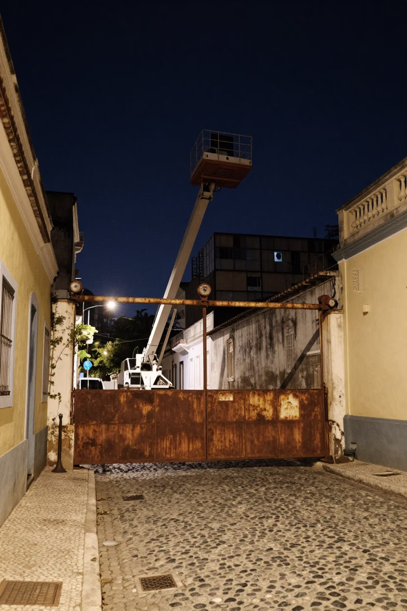 Nighttime Salvador Brazil Street Scene with Construction Elevator Gate and Urban Life in in Salvador, Brazil