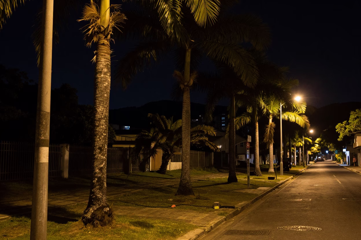 Nighttime Salvador Brazil Street Scene with Palm Trees and Rolling Carts in in Salvador, Brazil