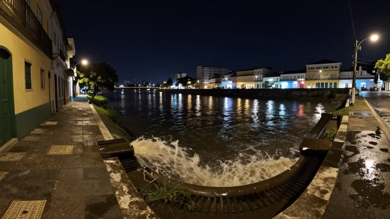 Nighttime Salvador Brazil Street Scene with Storm Drain and River Outflow in in Salvador, Brazil