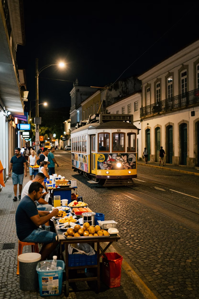 Nighttime Salvador Brazil Street Scene with Tramcar and Local Vendors in in Salvador, Brazil