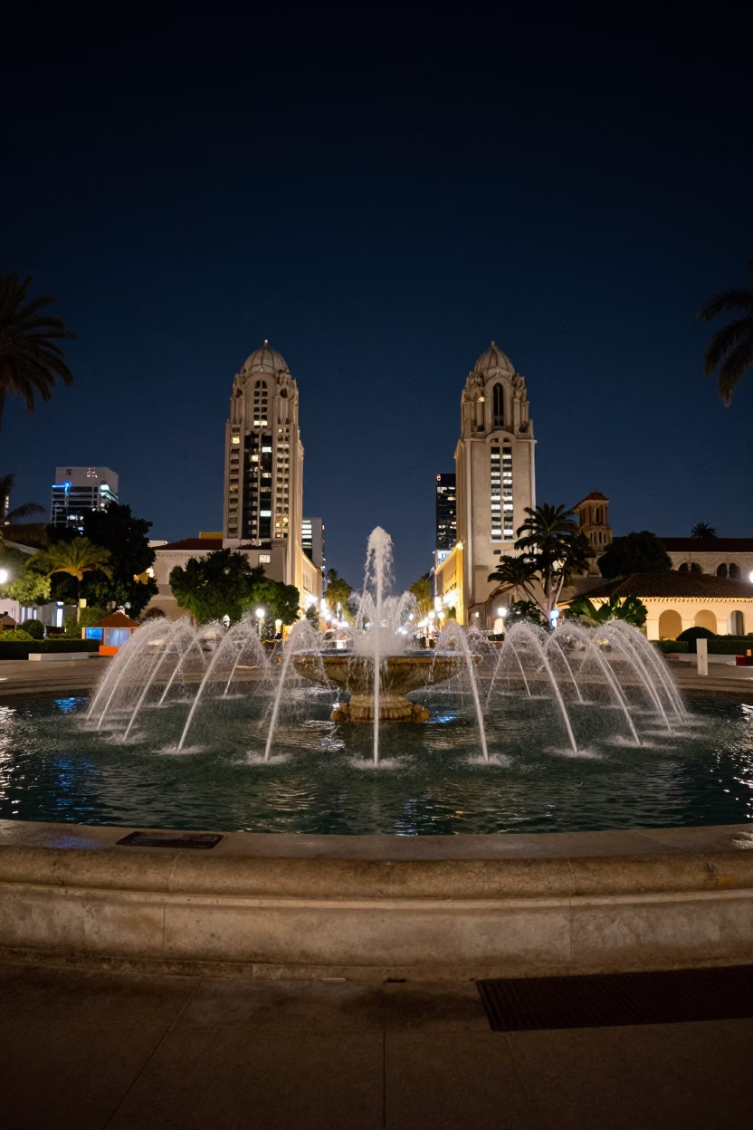 Nighttime San Diego Balboa Park Campus Fountain Drained for Maintenance Under Deep Night Sky in in San Diego, California, United States