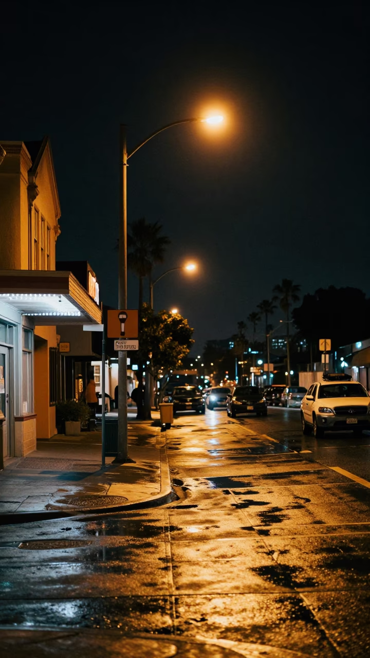 Nighttime San Diego Street Scene with Vintage 1970s Architecture and Local Life in in San Diego, California, United States