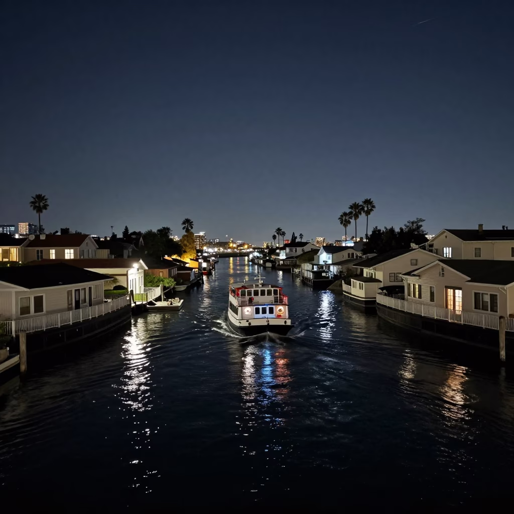 Nighttime San Diego Water Taxi Zigzagging Between Canal Houseboats Under Deep Sky in in San Diego, California, United States