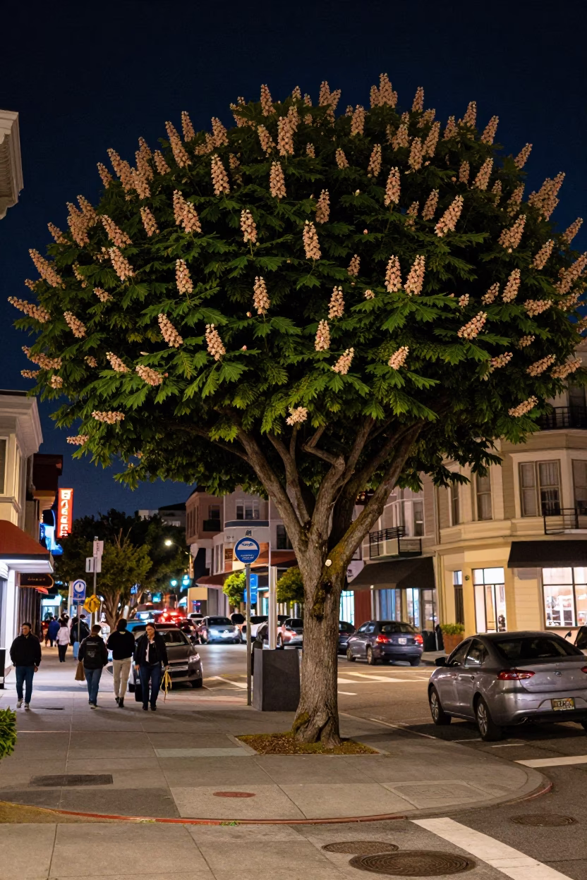 Nighttime San Francisco Street Scene with Chestnut Tree and Mossy Wall in in San Francisco, California, United States