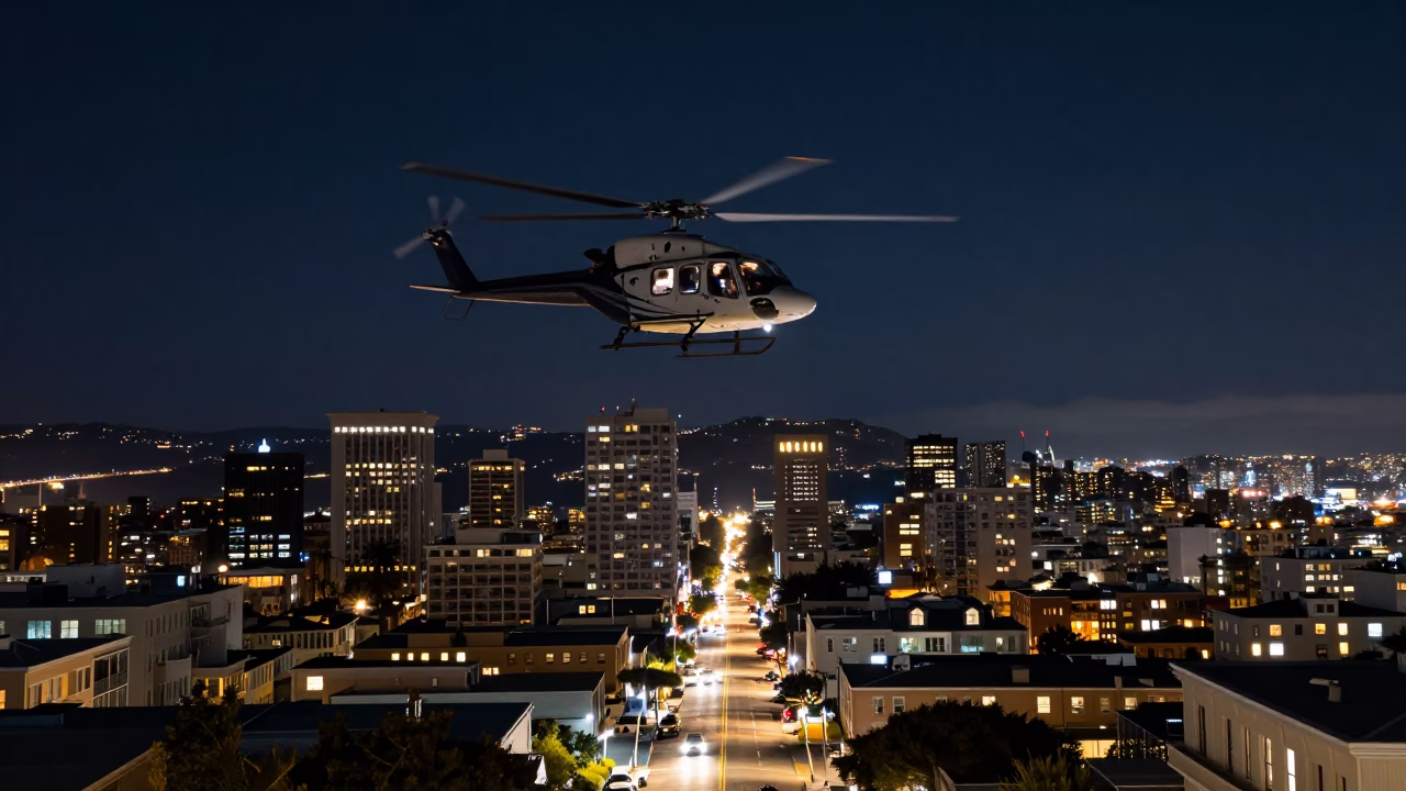 Nighttime San Francisco Street Scene with Helicopter Takeoff and Urban Elements in in San Francisco, California, United States