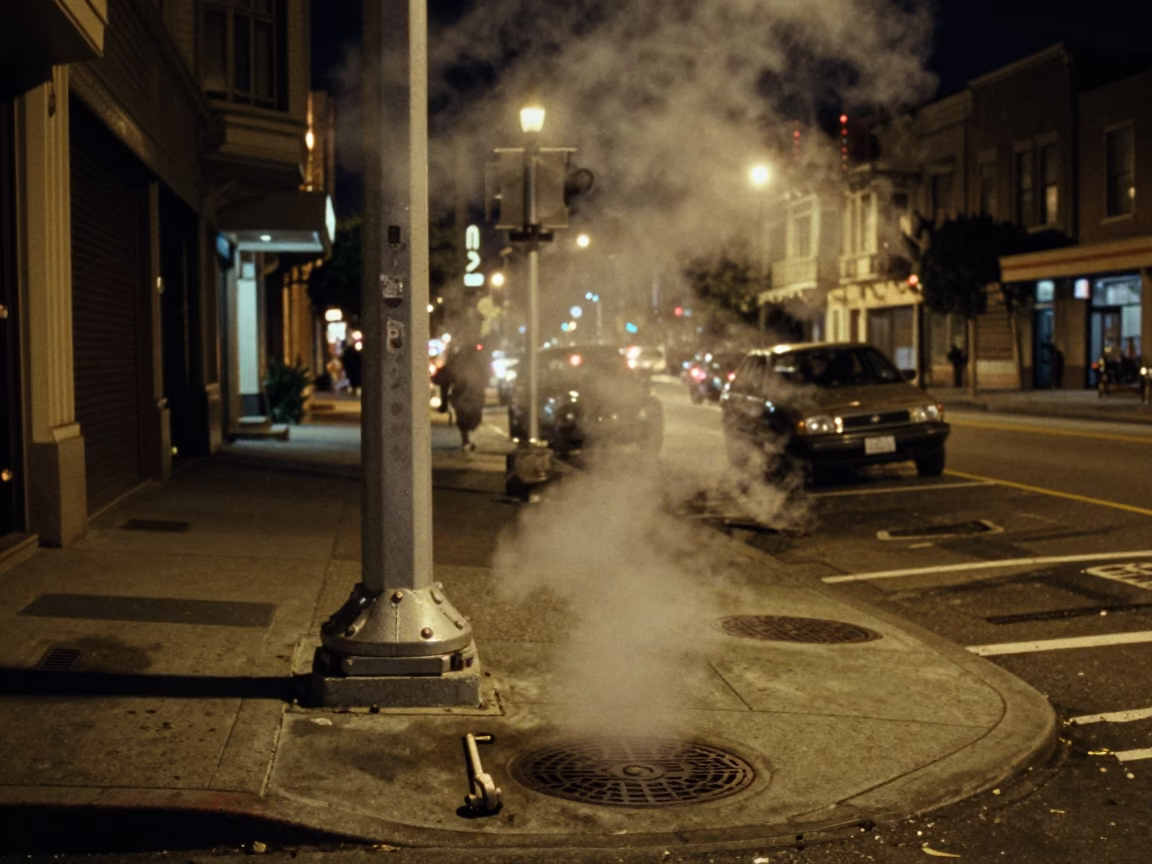 Nighttime San Francisco Street Scene with Steam Haze and Urban Details in in San Francisco, California, United States