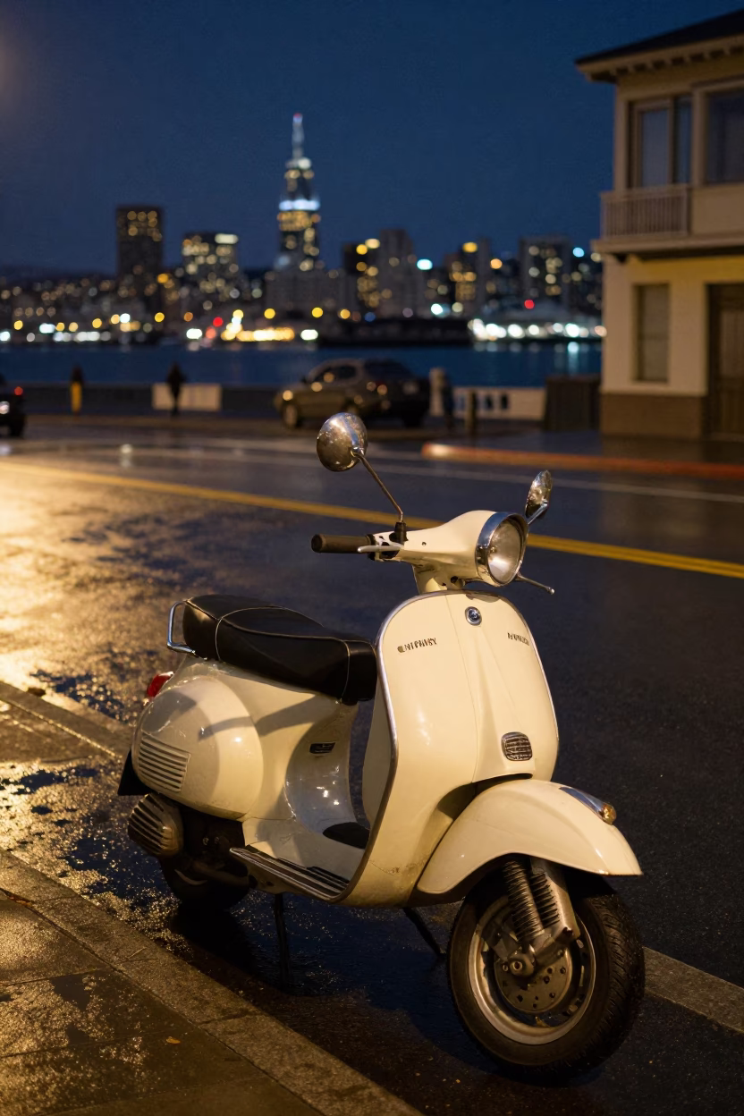 Nighttime San Francisco Street Scene with Vintage Scooter and Harbor Promenade Ambience in in San Francisco, California, United States