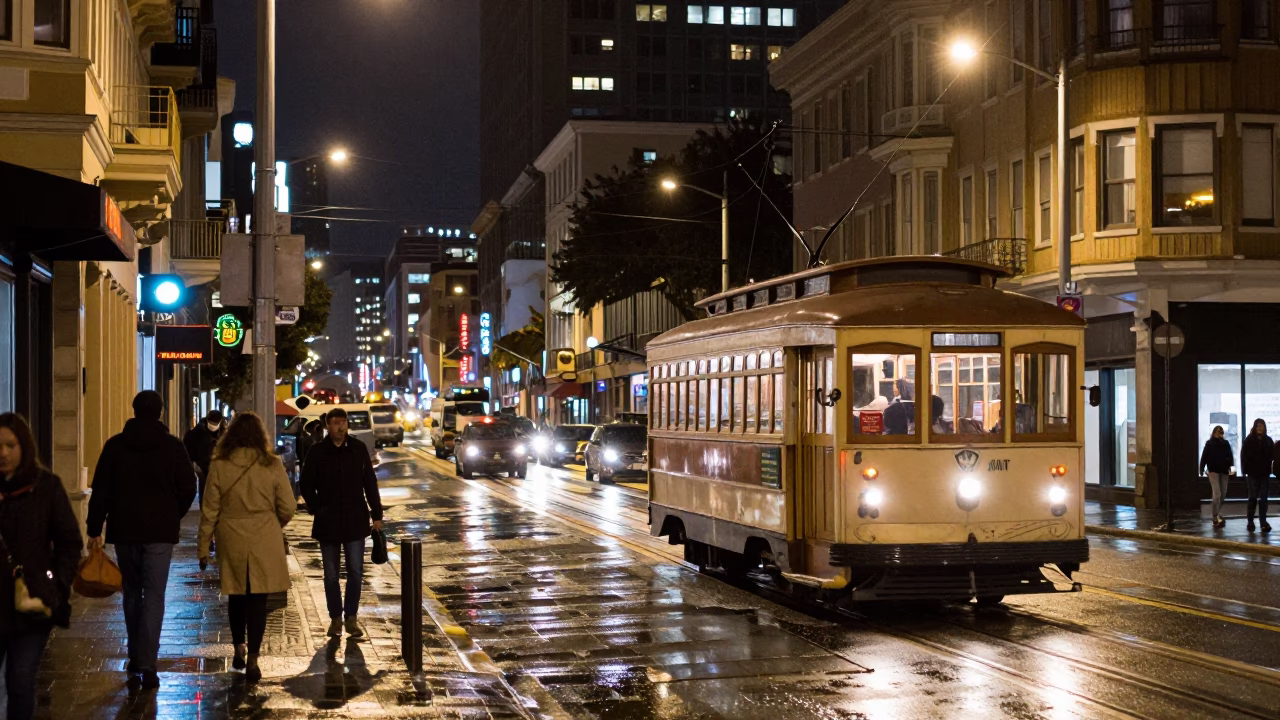 Nighttime San Francisco Street Scene with Vintage Tramcar and Urban Details in in San Francisco, California, United States