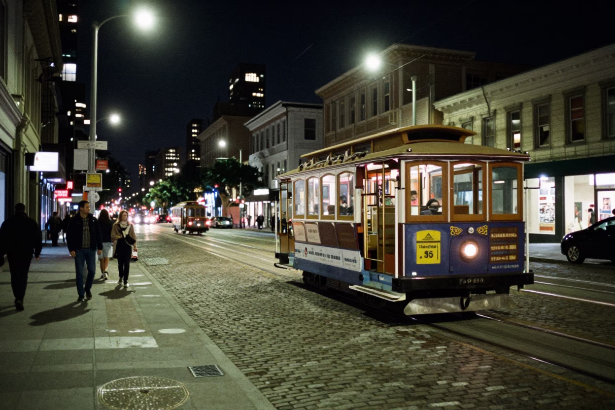 Nighttime San Francisco Street Scene with Vintage Trolley and Urban Details in in San Francisco, California, United States