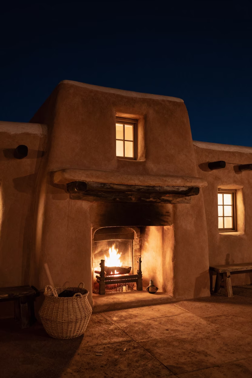 Nighttime Santa Fe Adobe Interior with Fireplace and Woven Basket in in Santa Fe, New Mexico, United States