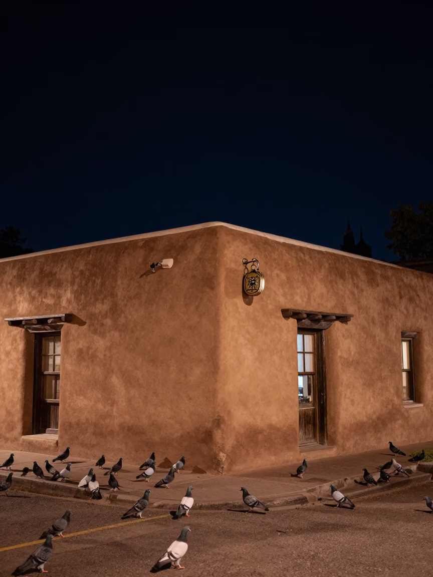 Nighttime Santa Fe Adobe Street Scene with Pigeons and Locket in in Santa Fe, New Mexico, United States