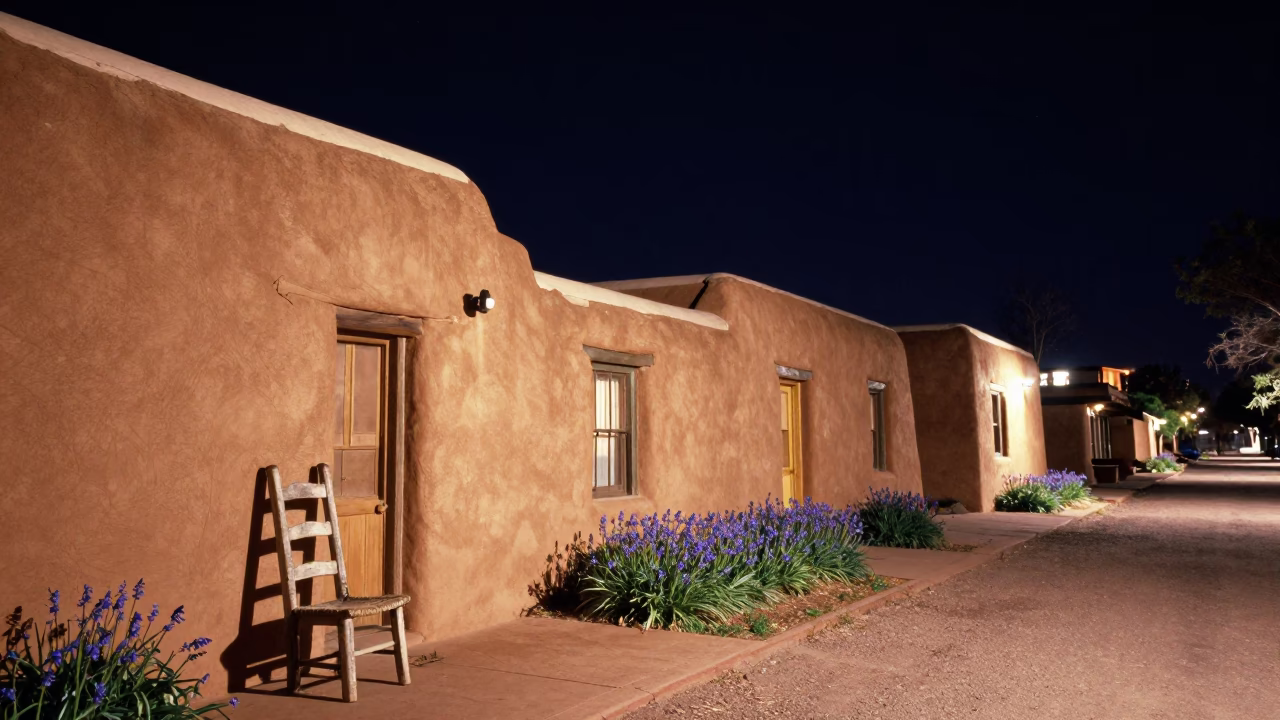 Nighttime Santa Fe Adobe Street with Ladder-Back Chair and Bluebells in in Santa Fe, New Mexico, United States