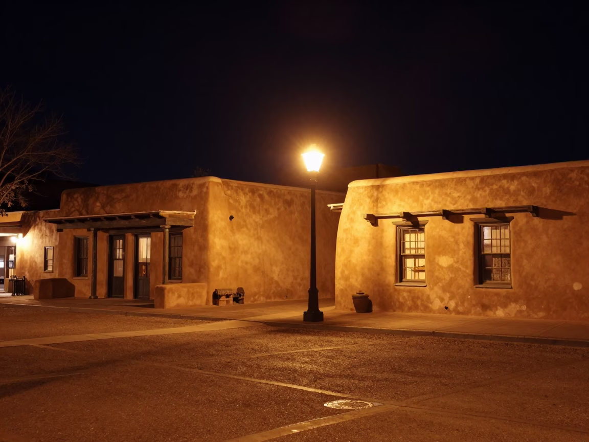 Nighttime Santa Fe Plaza Adobe Architecture and Street Lighting with Local Details in in Santa Fe, New Mexico, United States
