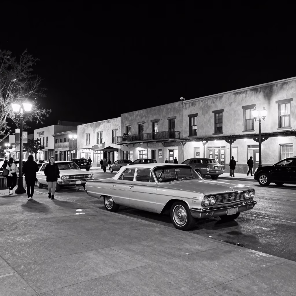 Nighttime Santa Fe Plaza Street Scene with Vintage Car and Neon Sign Reflections in in Santa Fe, New Mexico, United States