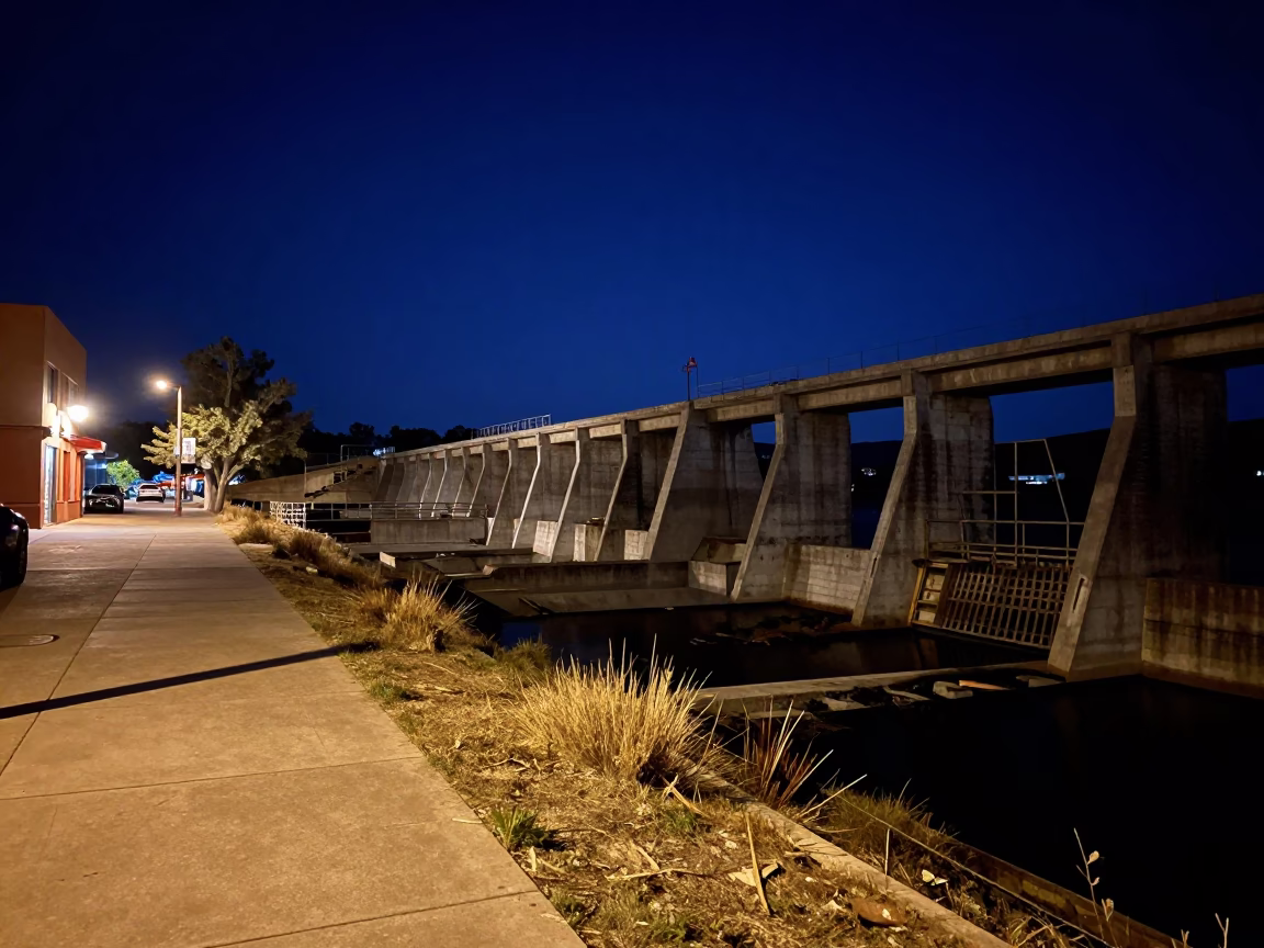 Nighttime Santa Fe Street Scene with Abandoned Dam and Construction Site Elements in in Santa Fe, New Mexico, United States
