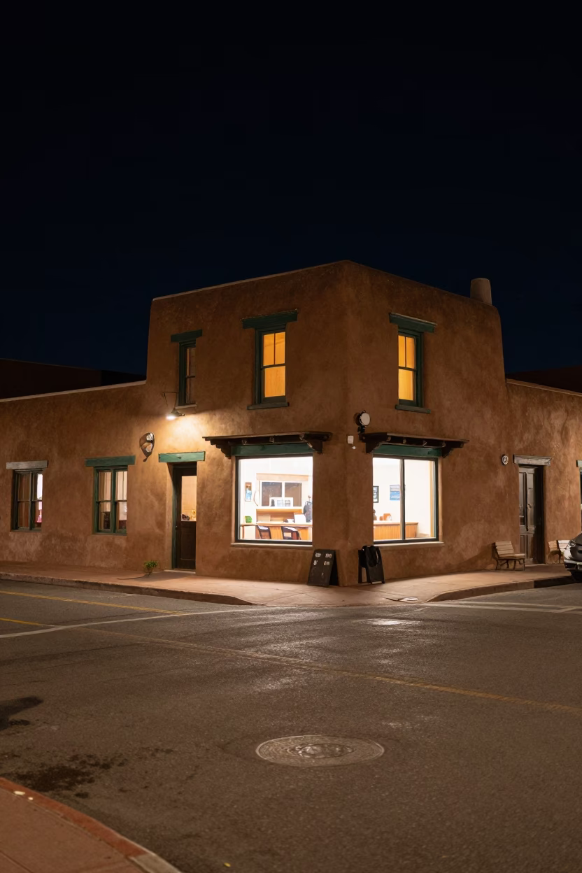 Nighttime Santa Fe Street Scene with Adobe Architecture and Local Diners in in Santa Fe, New Mexico, United States