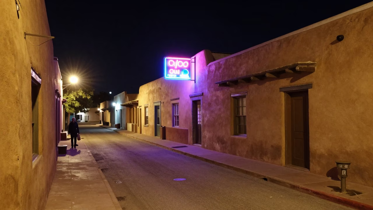 Nighttime Santa Fe Street Scene with Adobe Architecture and Neon Lights in in Santa Fe, New Mexico, United States