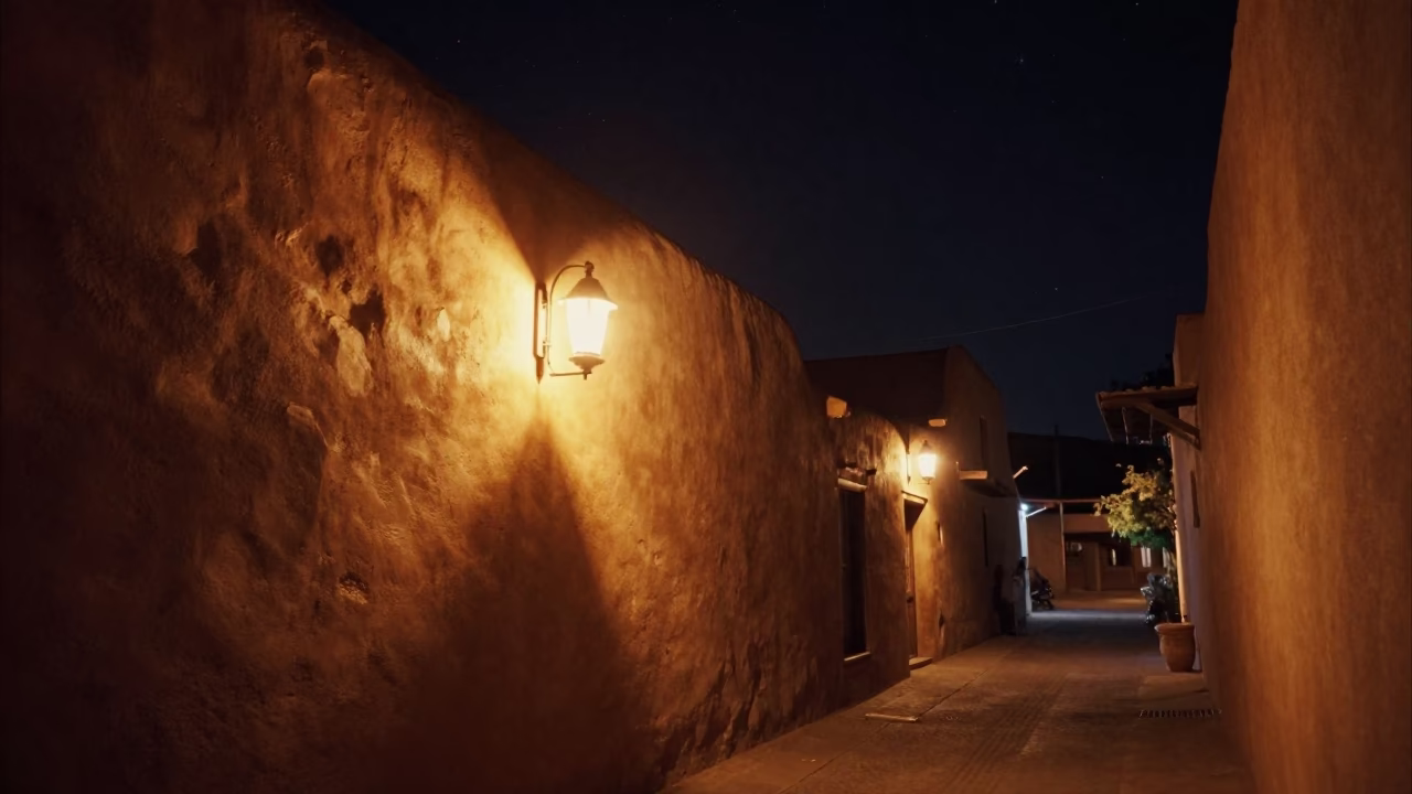 Nighttime Santa Fe Street Scene with Adobe Architecture and Starry Sky in in Santa Fe, New Mexico, United States