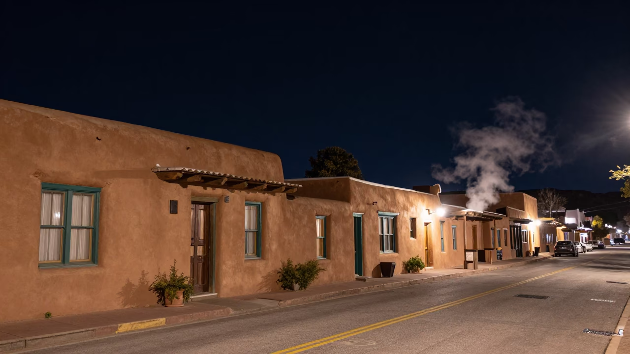 Nighttime Santa Fe Street Scene with Adobe Architecture and Steam Pipes in in Santa Fe, New Mexico, United States