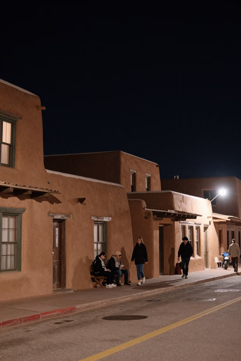 Nighttime Santa Fe Street Scene with Adobe Architecture and Vintage Details in in Santa Fe, New Mexico, United States