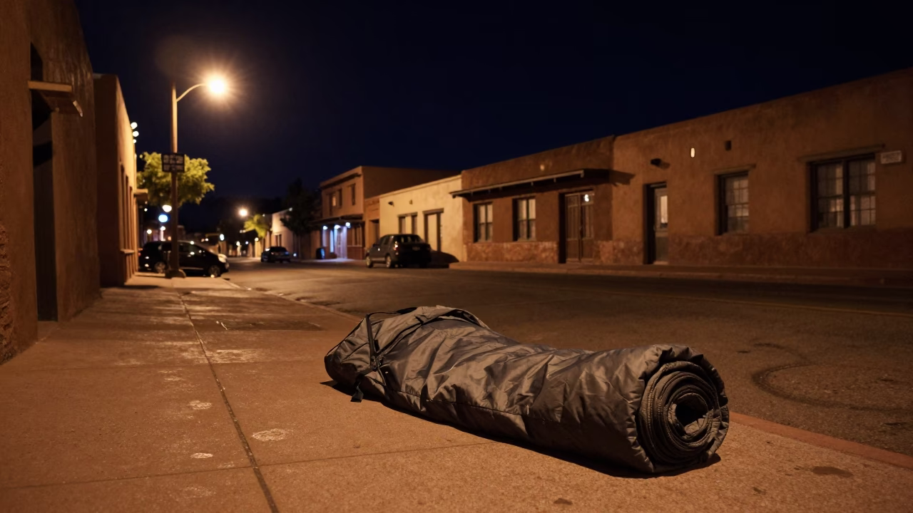 Nighttime Santa Fe Street Scene with Sleeping Bag and Substation Insulators in in Santa Fe, New Mexico, United States