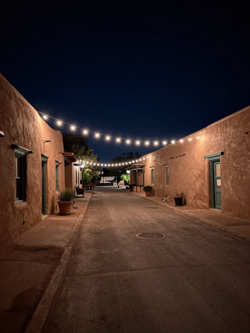 Nighttime Santa Fe Street Scene with String Lights and Adobe Architecture in in Santa Fe, New Mexico, United States