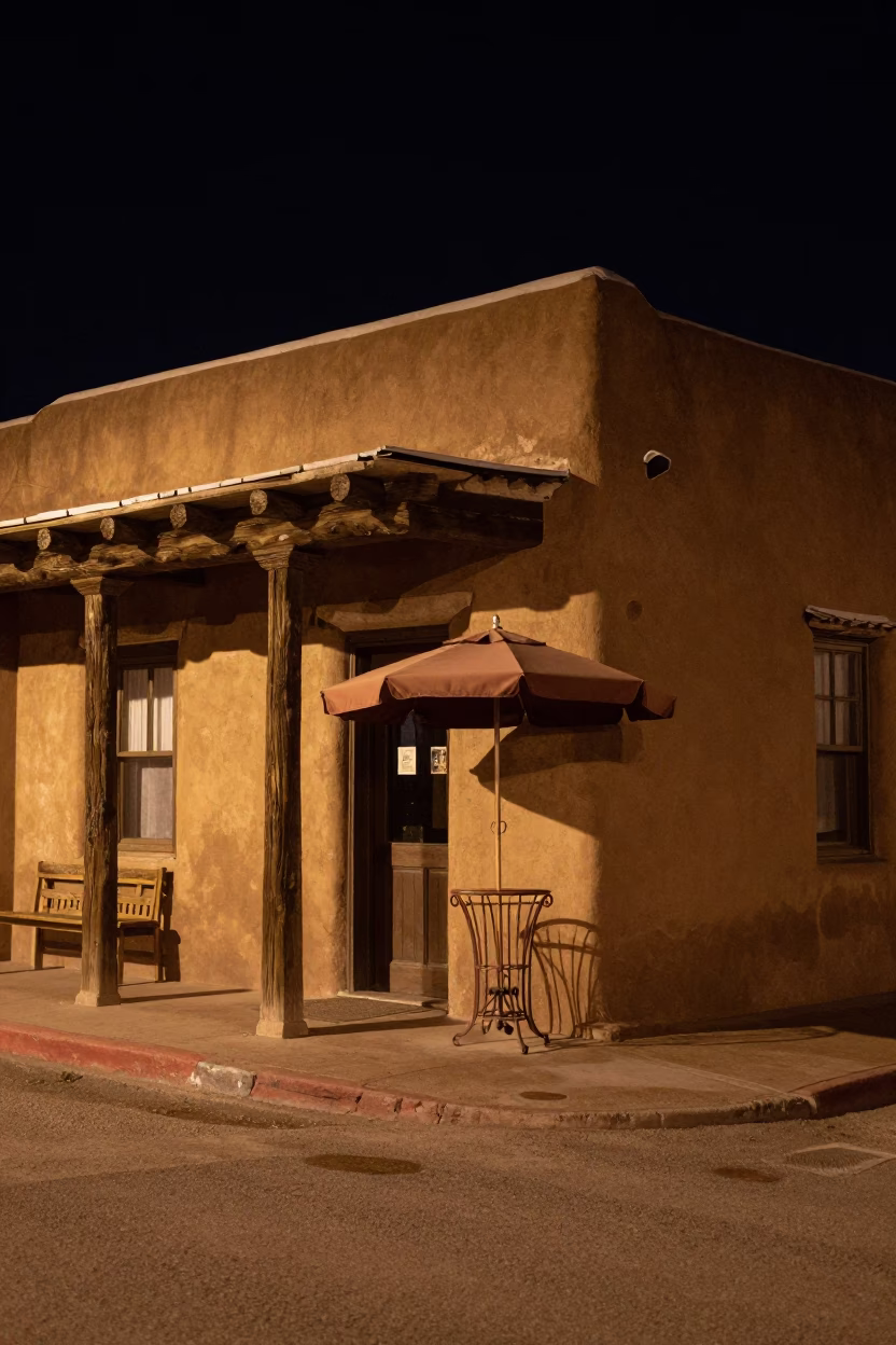 Nighttime Santa Fe Street Scene with Umbrella Stand and Adobe Architecture in in Santa Fe, New Mexico, United States