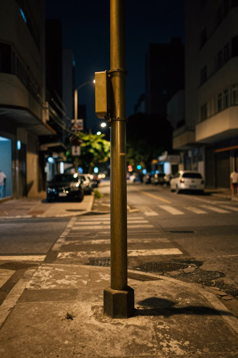 Nighttime Sao Paulo Street Corner with Vintage Brass Microscope and Polished Handle in in São Paulo, Brazil