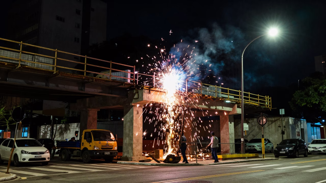 Nighttime São Paulo Street Scene Under Construction with Welding Sparks in in São Paulo, Brazil