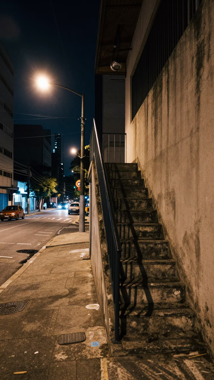 Nighttime São Paulo Street Scene with Stair Rail and Hanging Shirt in in São Paulo, Brazil