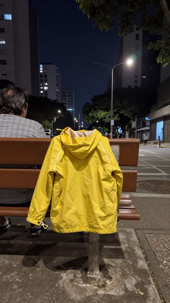 Nighttime São Paulo Street Scene with Yellow Jacket on Bench and Concrete Wall in in São Paulo, Brazil